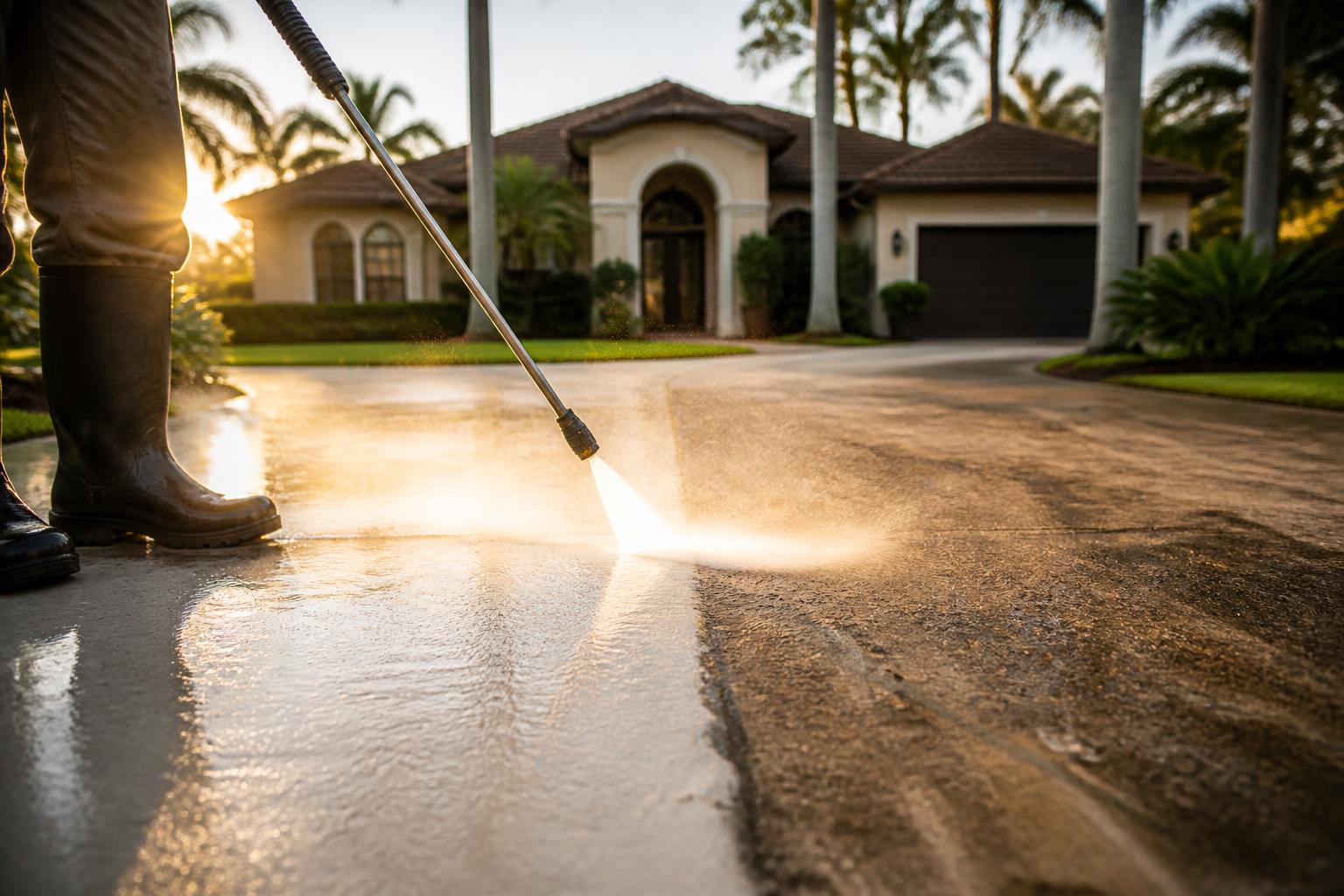 Pressure washer revealing clean concrete on a driveway