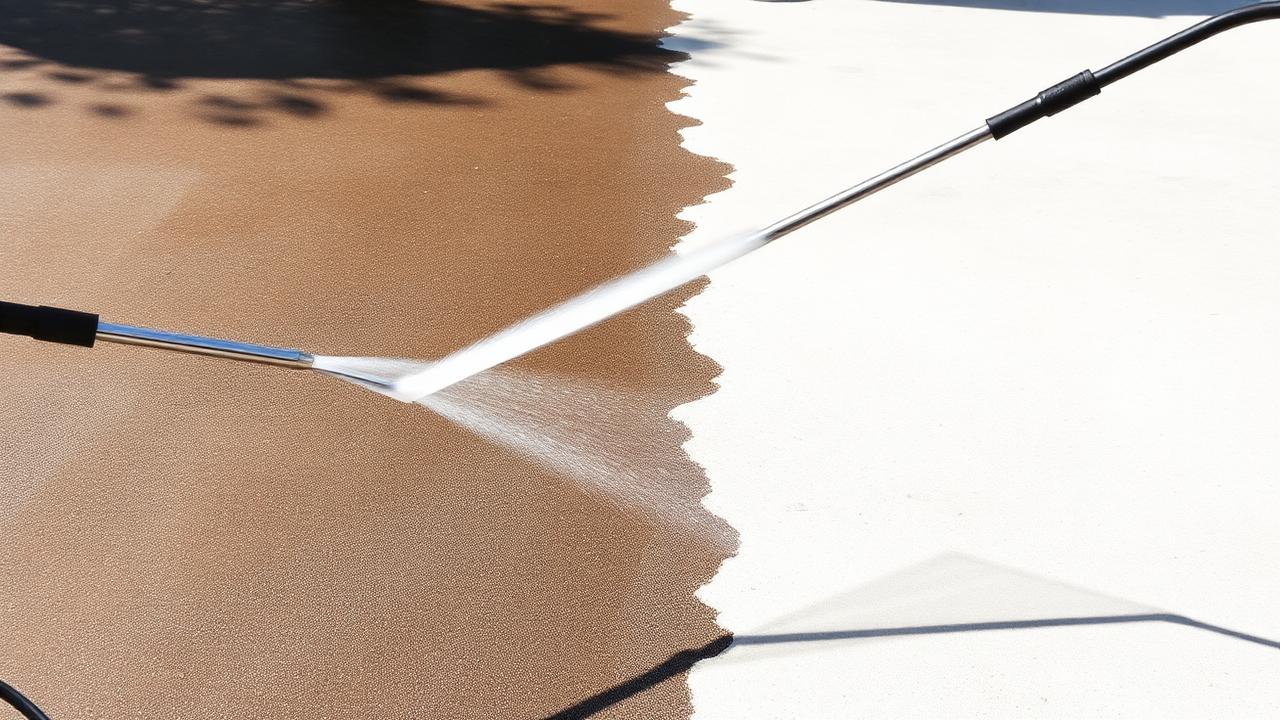 Pressure washer revealing clean concrete on a driveway