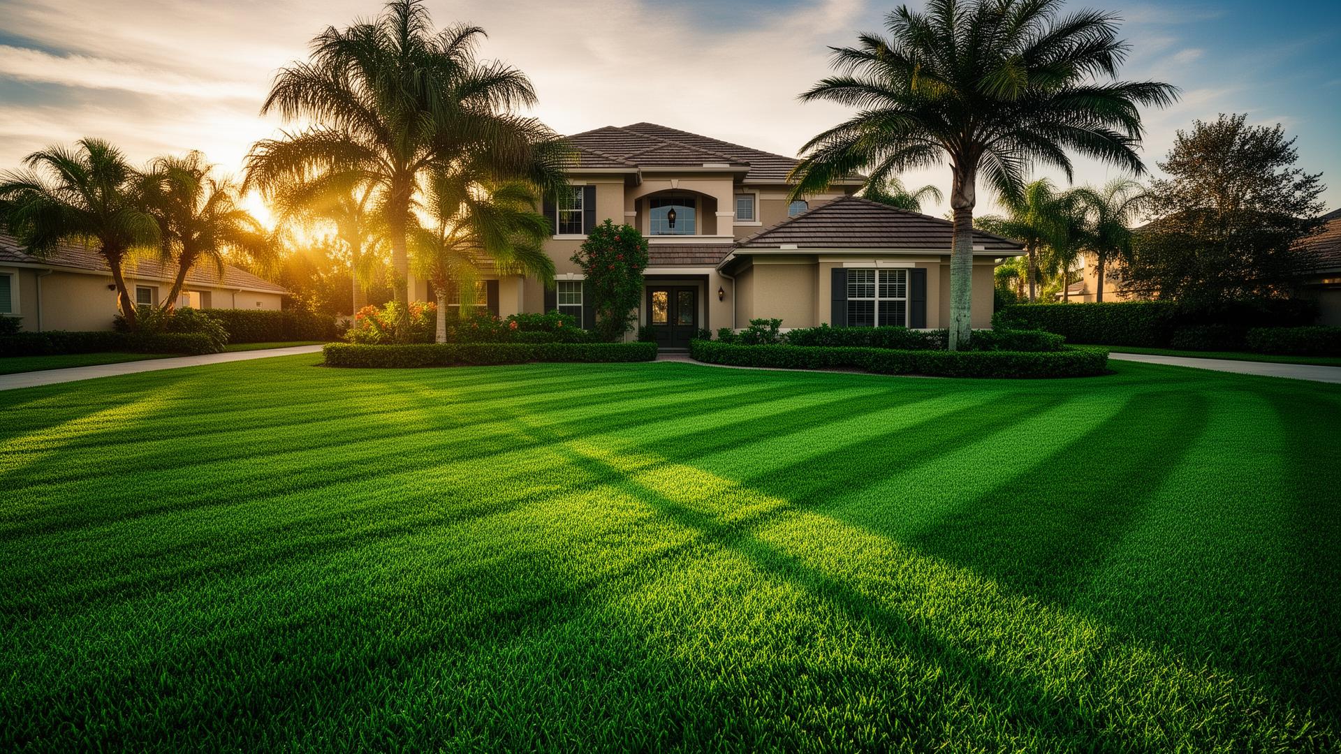Pristine green Orlando lawn freshly mowed at golden hour